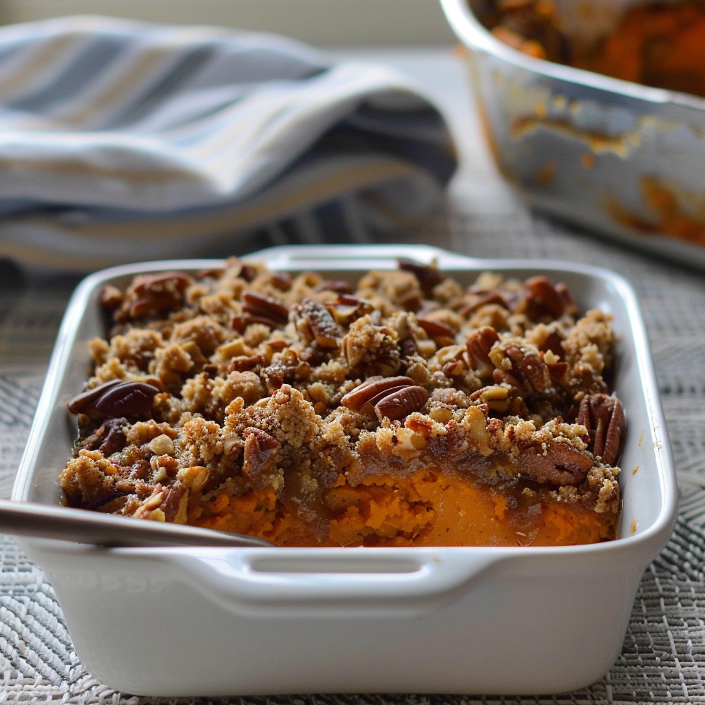 Recipe preparation for Sweet potato casserole with pecan crumble
