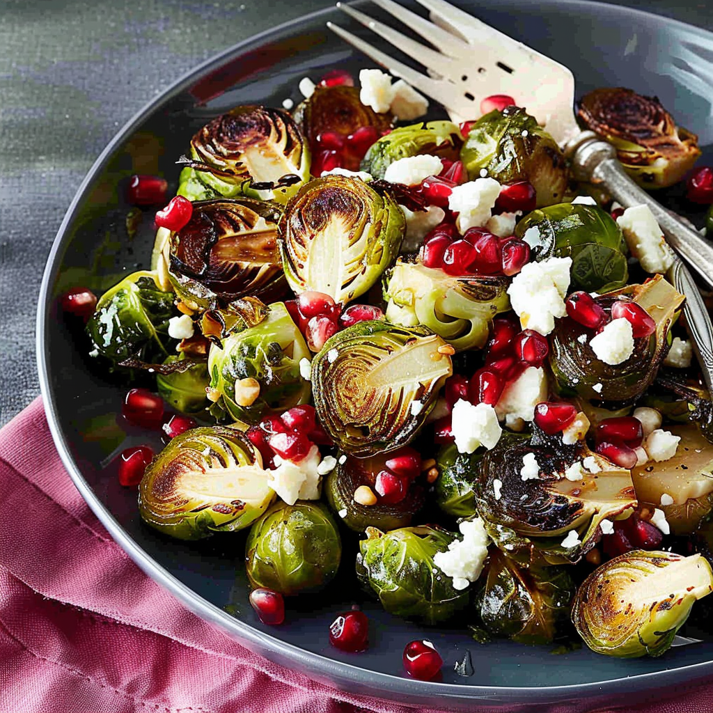 Recipe preparation for Roasted Brussels Sprouts with Pomegranate & Goat Cheese