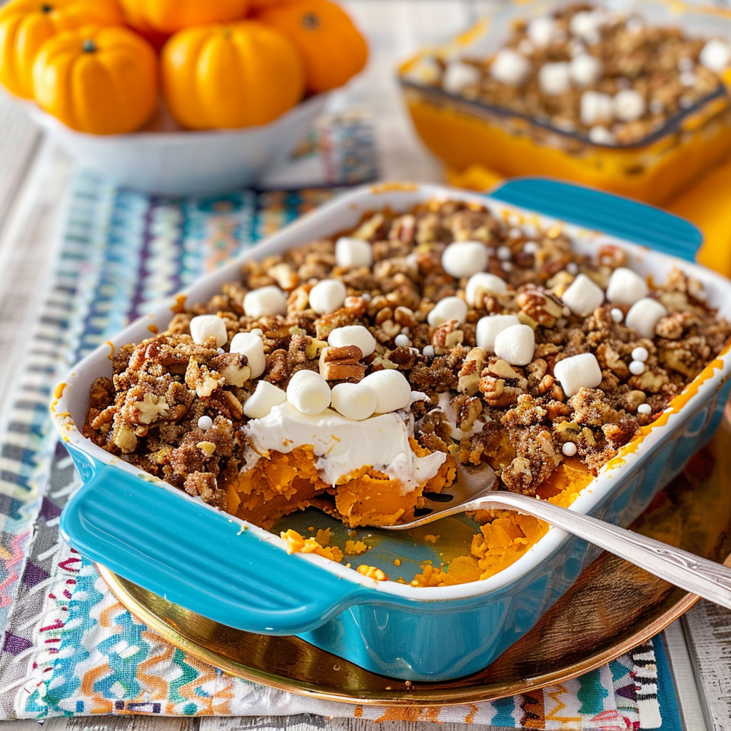 Recipe preparation for Sweet Potato Casserole with Marshmallows & Pecan Streusel