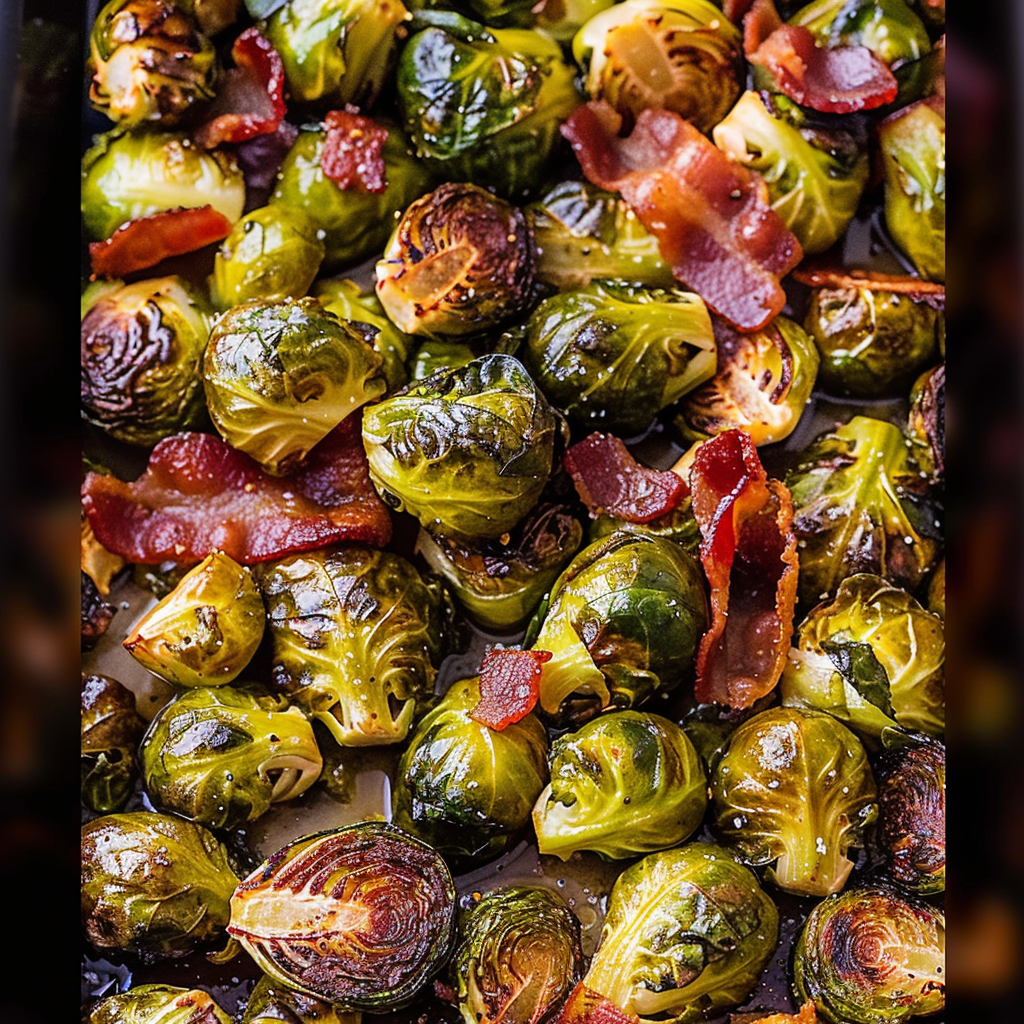Recipe preparation for Roasted Brussels Sprouts with Bacon and Mustard Vinaigrette