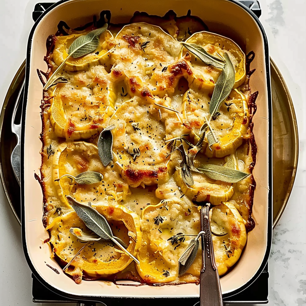 Recipe preparation for Fall Squash with Sage and Gruyère