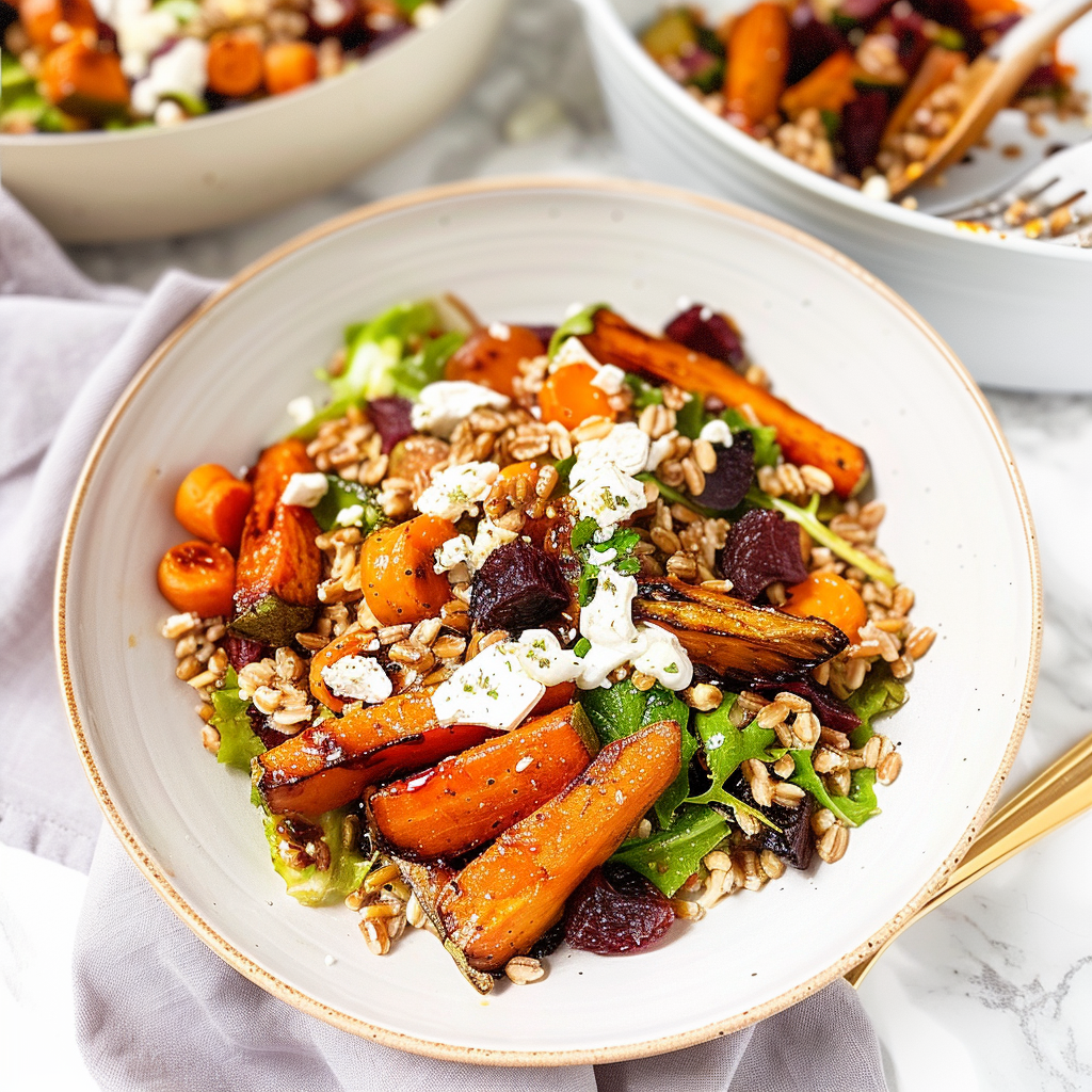 Recipe preparation for Vegetarian Dinner Easy Roasted Veg and Farro Salad