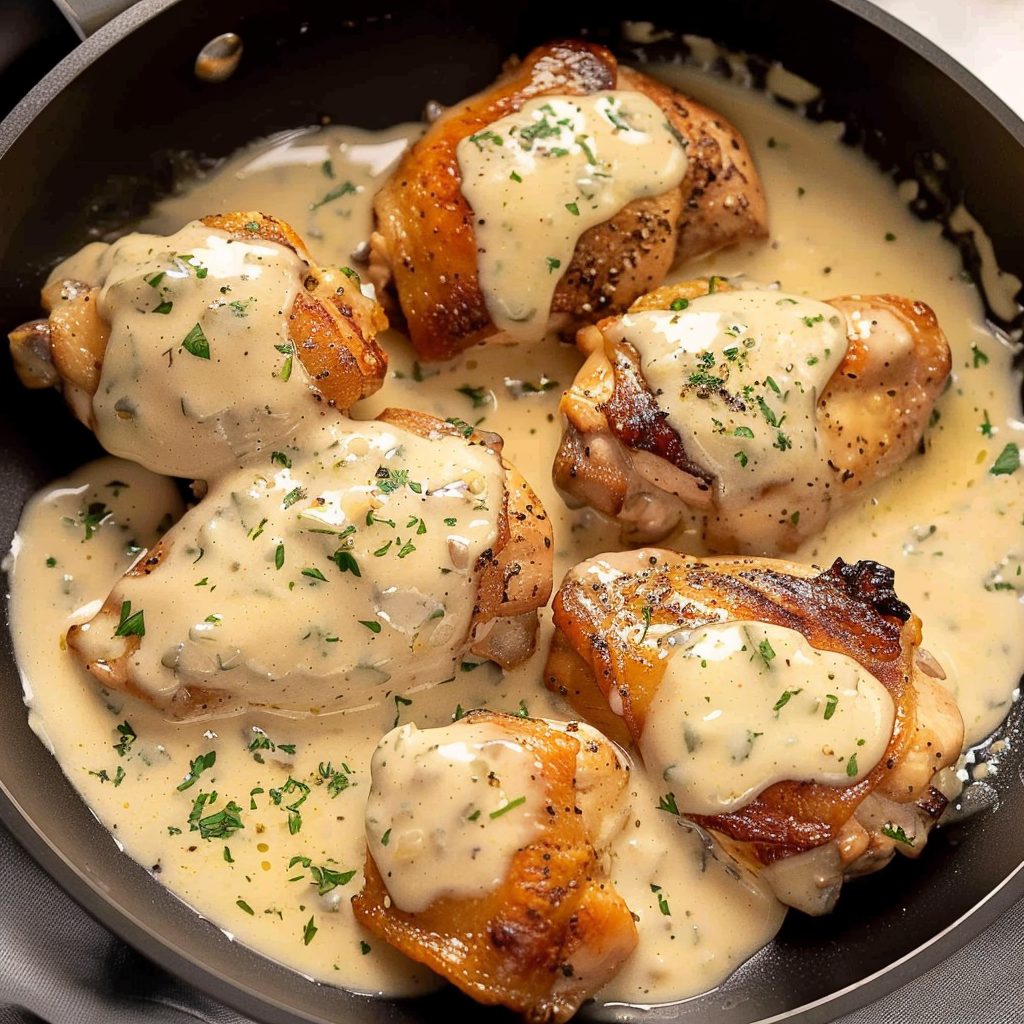 Recipe preparation for Chicken Thighs with Creamy Mustard Sauce