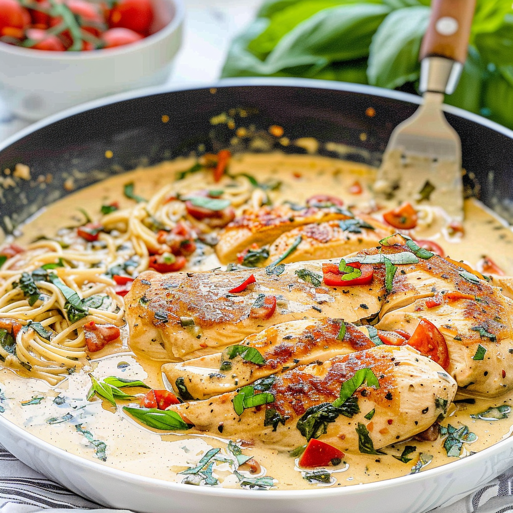 Recipe preparation for Creamy Tuscan Chicken