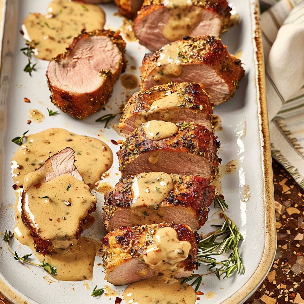 Recipe preparation for Pork Tenderloin with Dijon Cream Sauce
