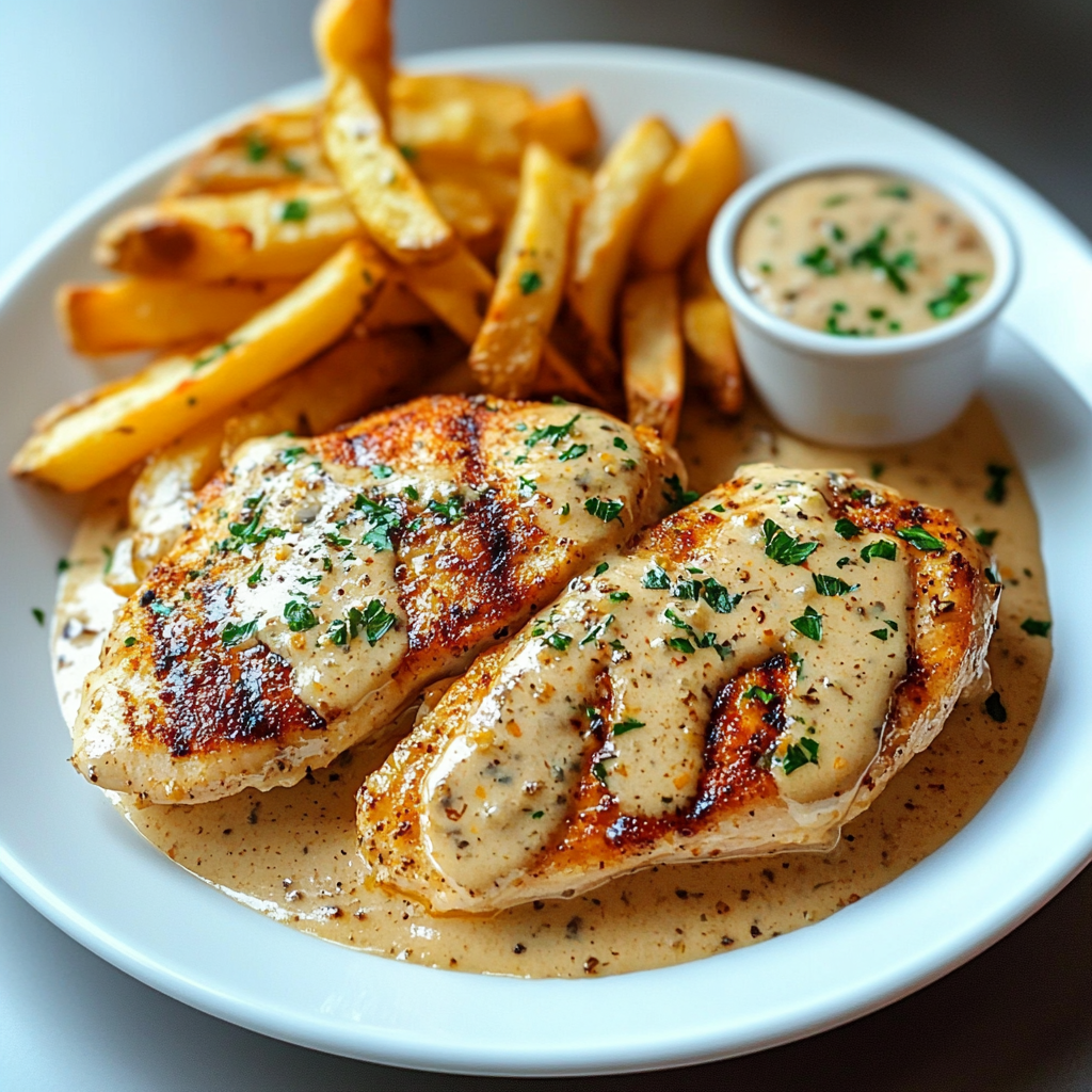 Recipe preparation for Chicken Fillet in Spicy, Creamy Garlic-Parmesan Sauce with Fries