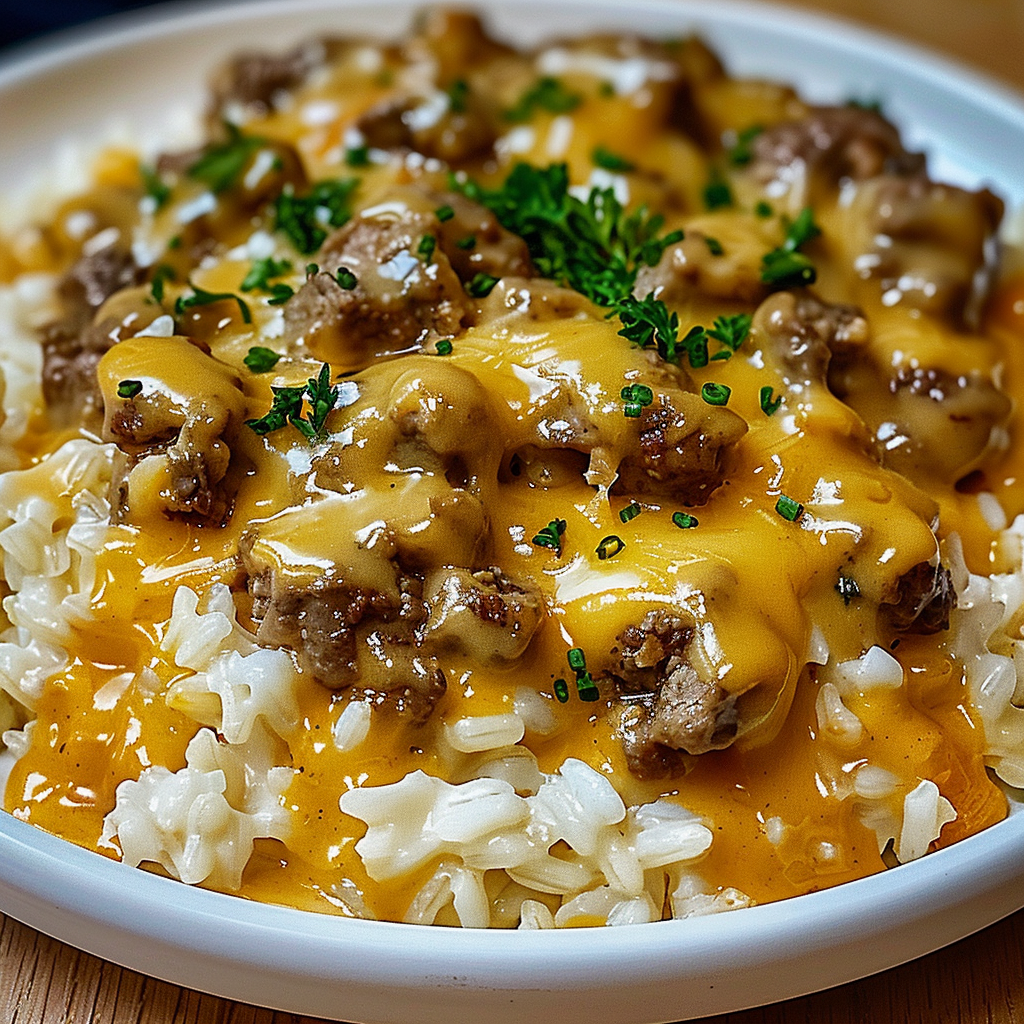 Recipe preparation for Garlic Butter Beef and Rice Skillet with Cheddar Parmesan Sauce