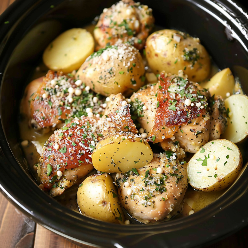 Recipe preparation for Garlic Parmesan Crockpot Chicken and Potatoes