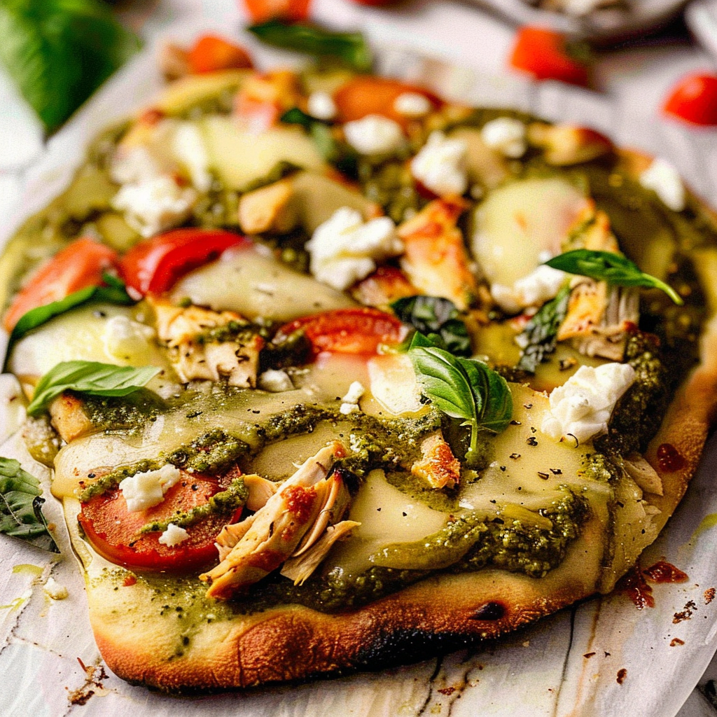 Recipe preparation for Pesto Chicken Flatbread