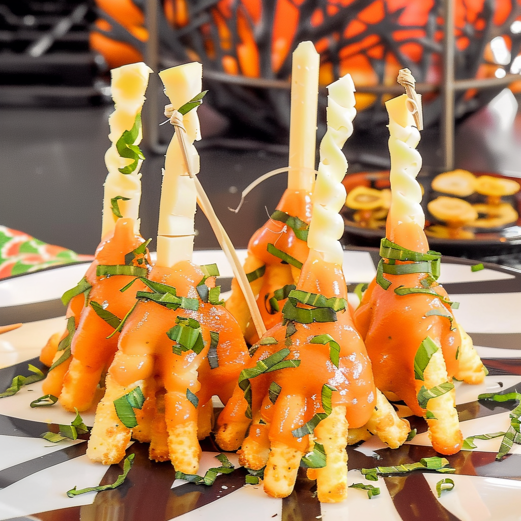 Recipe preparation for Witch’s Broomstick Cheese Snacks