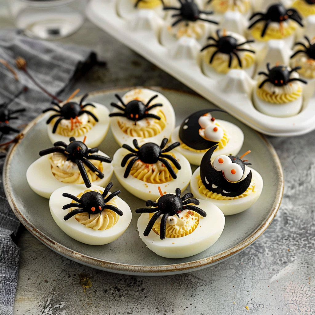 Recipe preparation for Spooky Spider Deviled Eggs