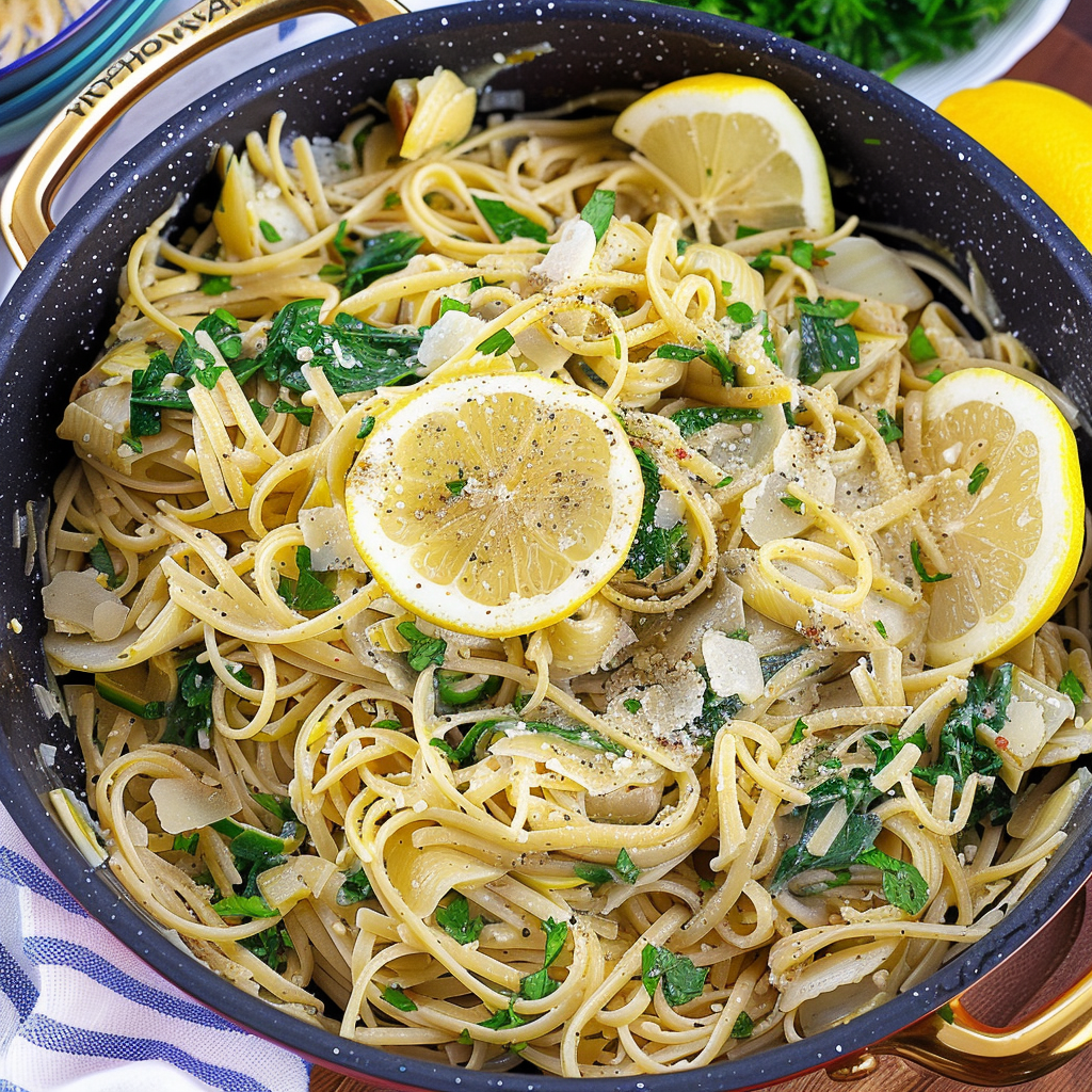 Recipe preparation for Creamy Lemon-Artichoke One-Pot Pasta
