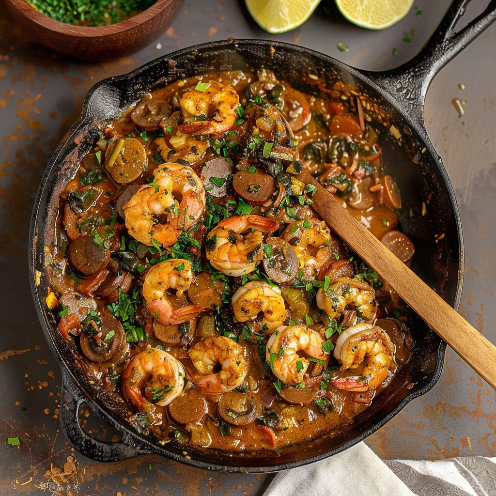 Recipe preparation for Cajun Shrimp & Sausage Skillet with Andouille & Rice
