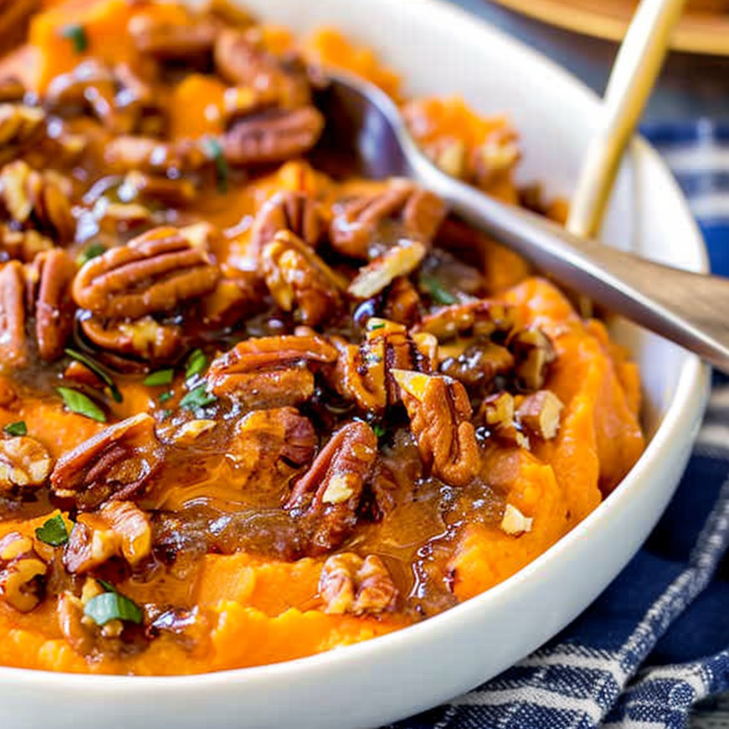 Recipe preparation for Maple Candied Pecan Sweet Potato Mash