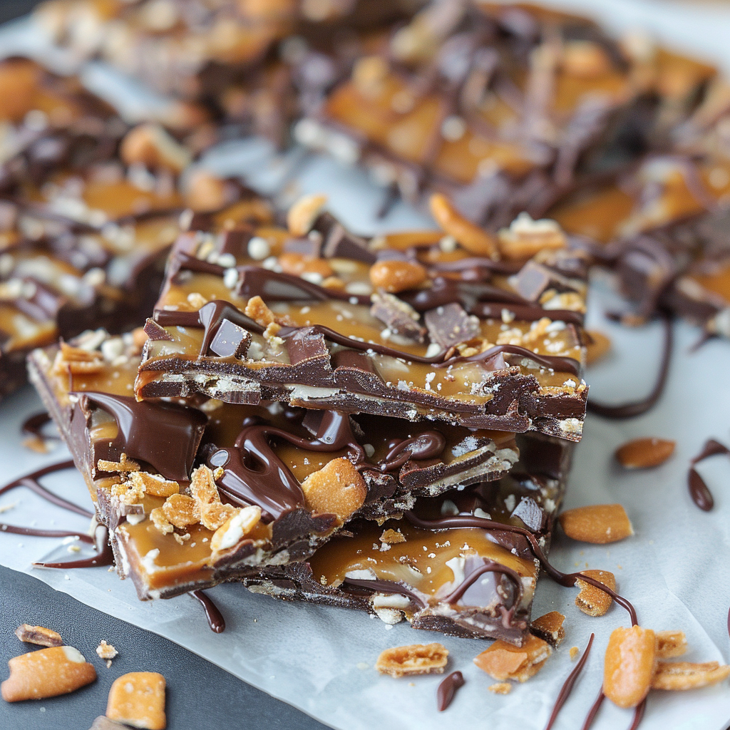 Recipe preparation for Salted Caramel Pretzel Bark with Gold Flakes