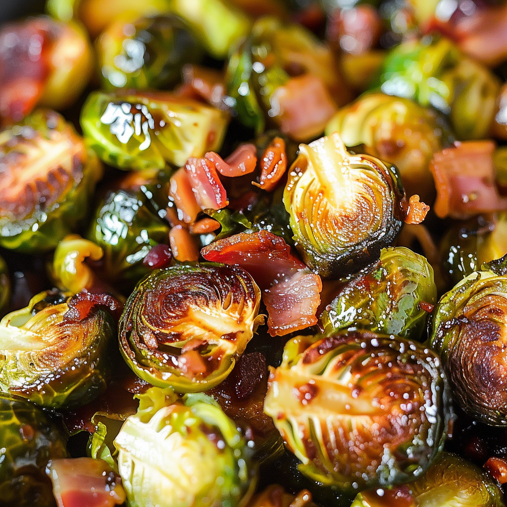 Recipe preparation for Smoky Maple Glazed Brussels Sprouts with Pancetta