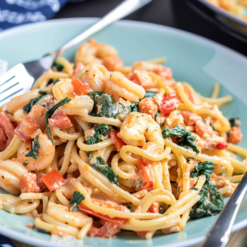 Recipe preparation for Creamy Red Pepper Pasta with Spinach