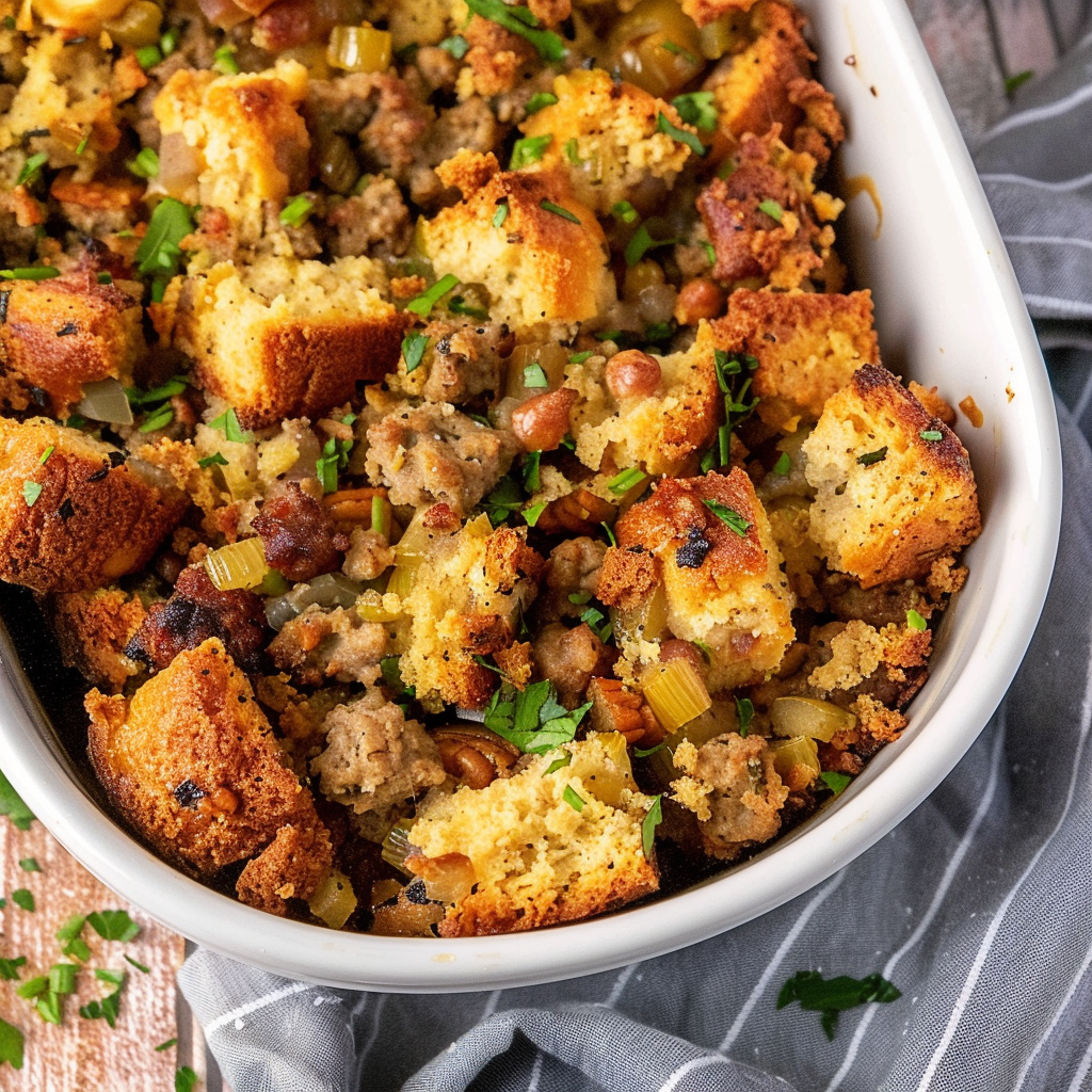 Recipe preparation for Sausage Apple Cornbread Stuffing Muffins