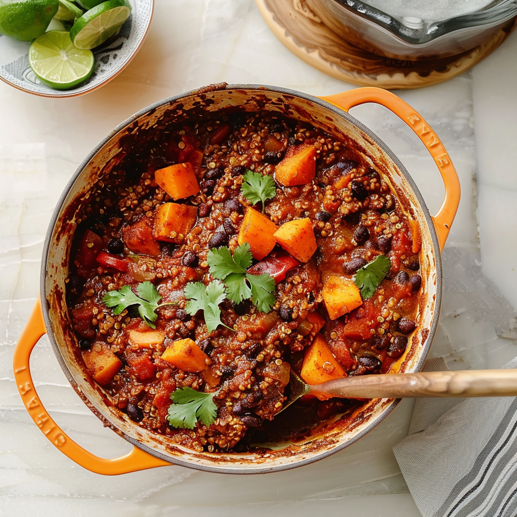 Recipe preparation for Sweet Potato & Black Bean Quinoa Chili