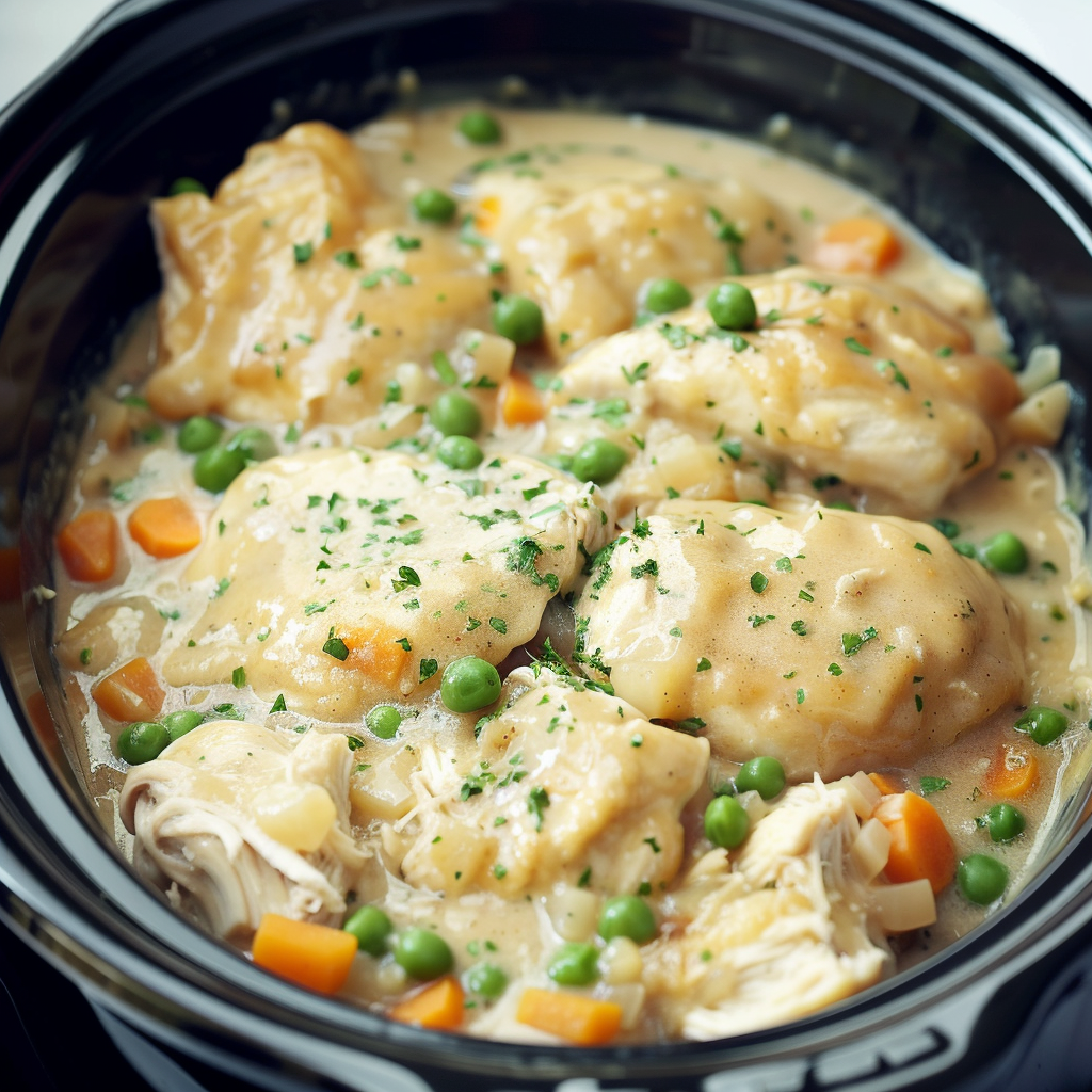 Recipe preparation for Crockpot Creamy Chicken & Dumplings