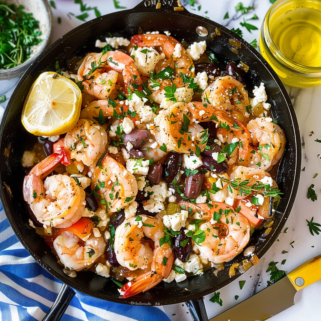Recipe preparation for One-Pan Mediterranean Shrimp & Feta