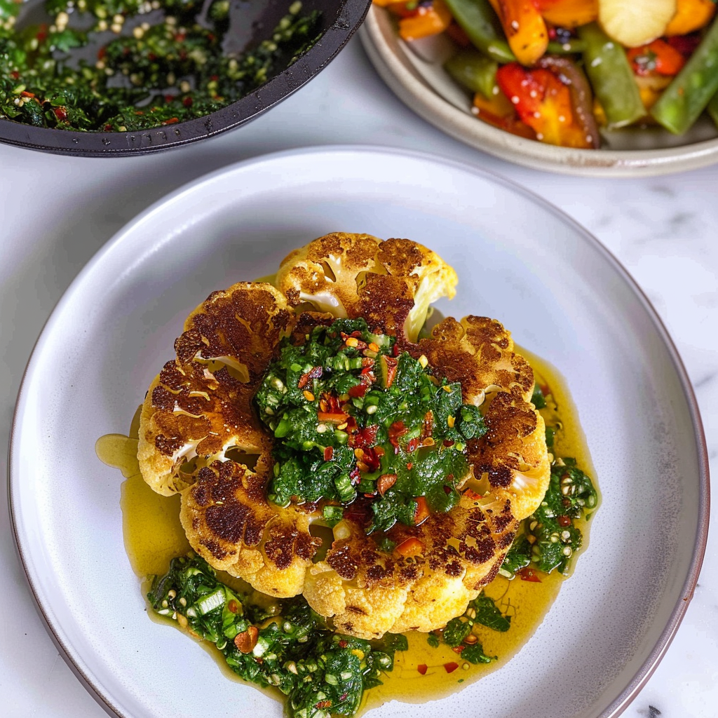 Recipe preparation for Cauliflower “steak” with chimichurri & quinoa pilaf