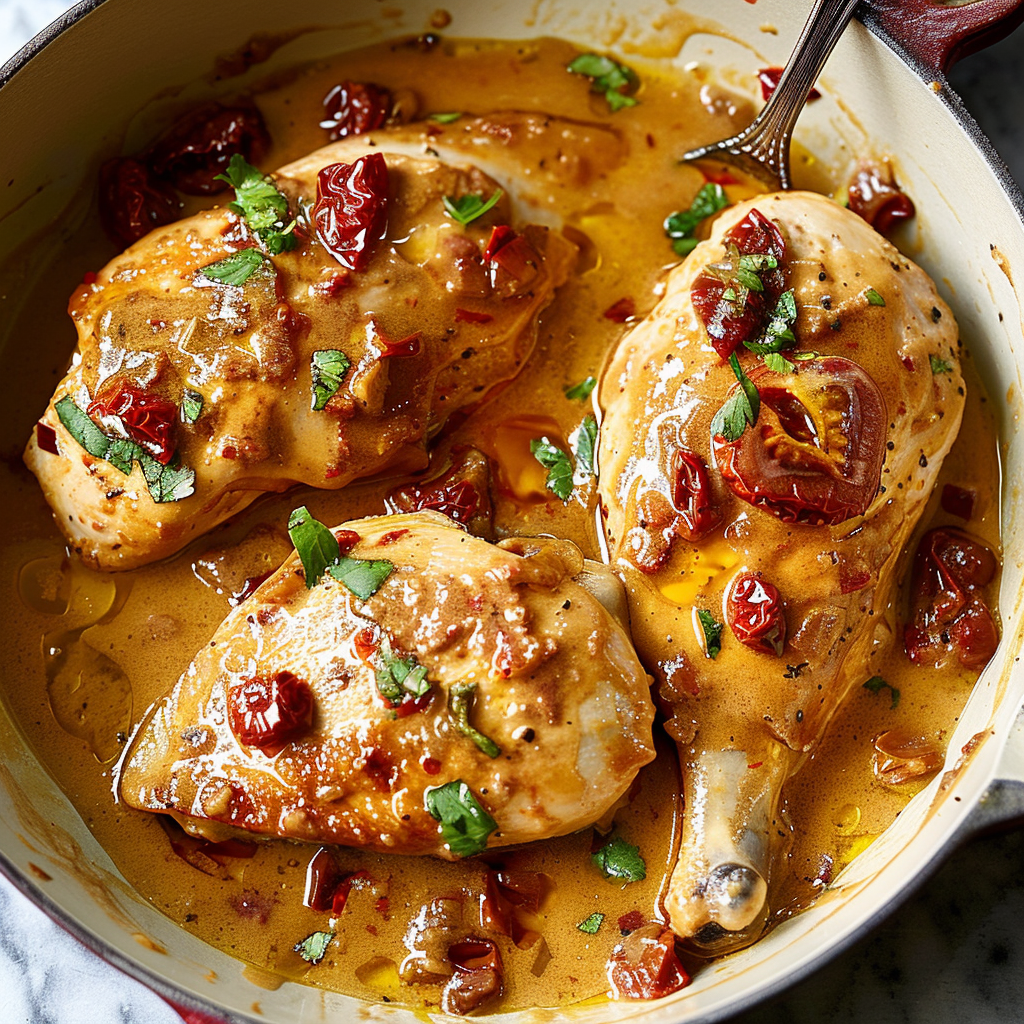 Recipe preparation for Marry Me Chicken: sun-dried tomato cream sauce skillet