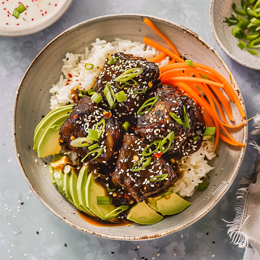 Recipe preparation for Korean-style gochujang short ribs with steamed rice & kimchi slaw