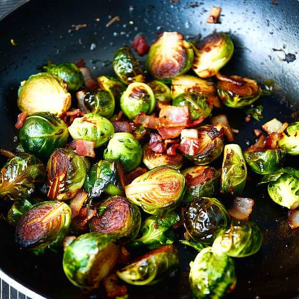 Recipe preparation for Roasted Brussels sprouts with bacon-maple vinaigrette