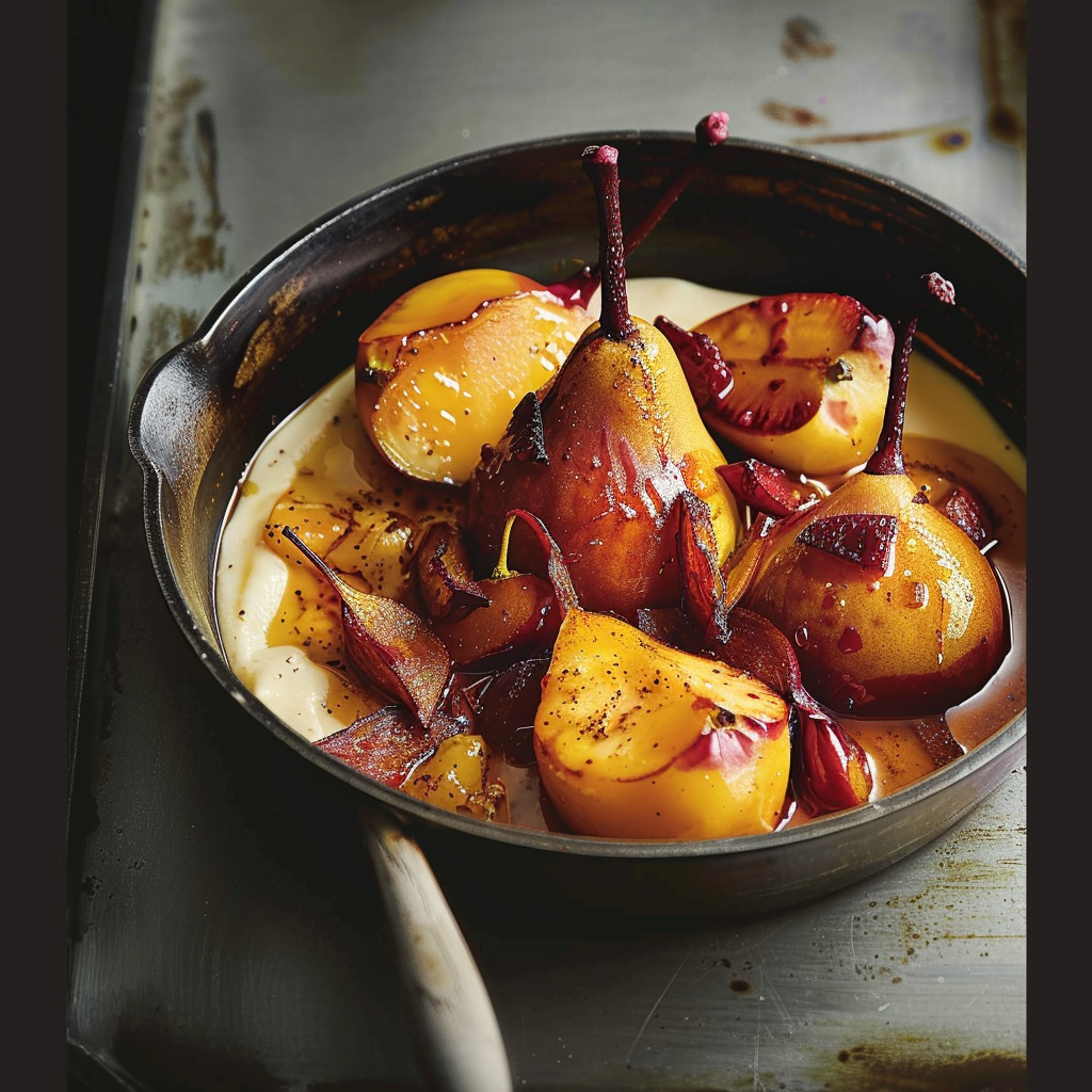 Recipe preparation for Mulled-wine poached pears with vanilla-bean cream