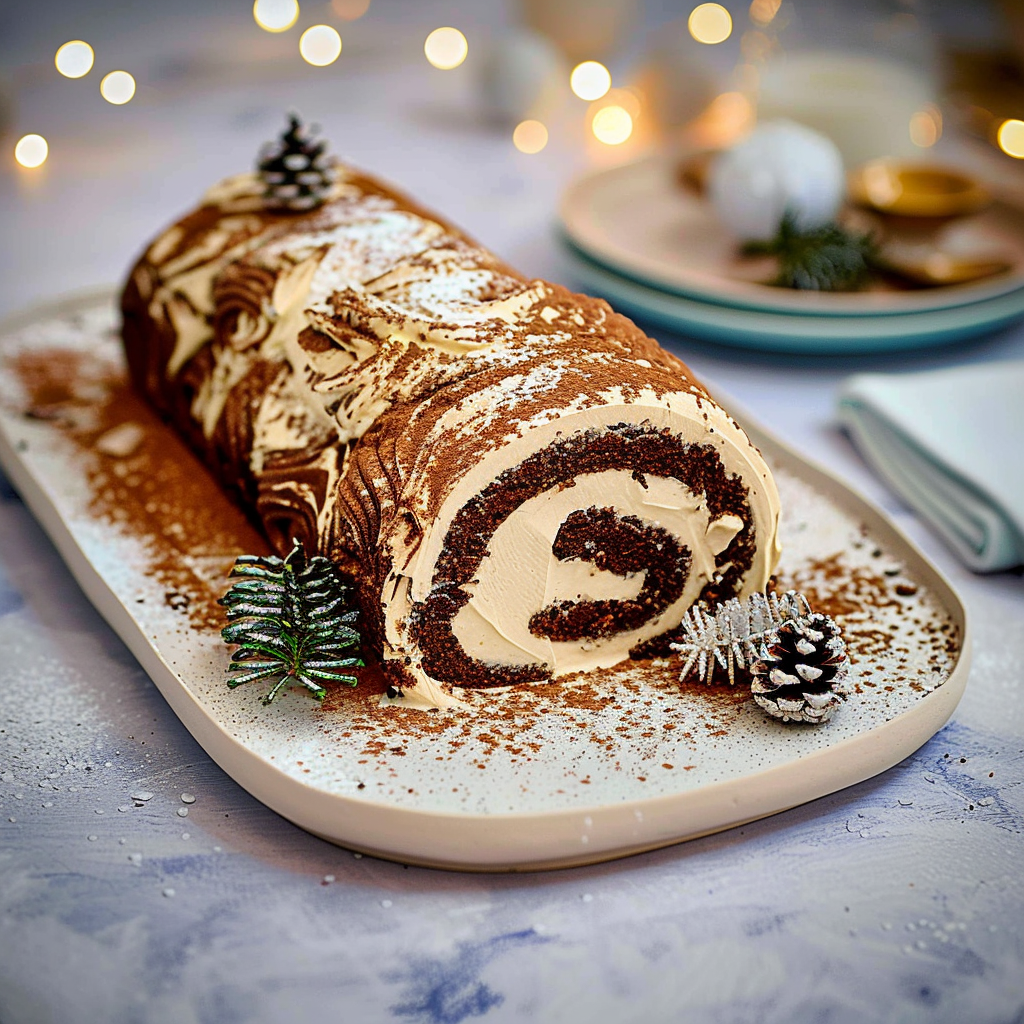 Recipe preparation for Yule log roulade (bûche de Noël) with chestnut-coffee filling
