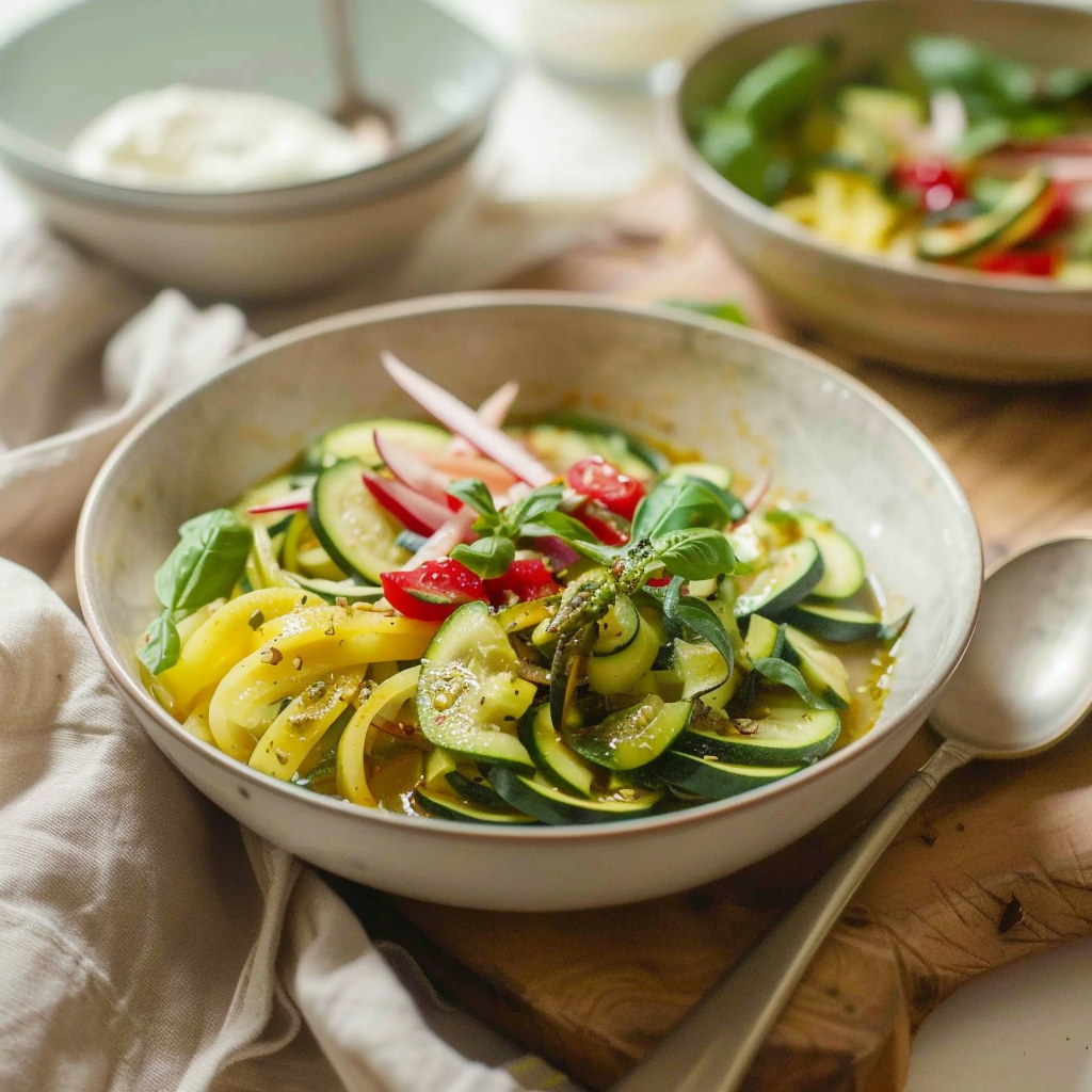 Recipe preparation for Turmeric-ginger coconut curry bowl with spiralised zucchini