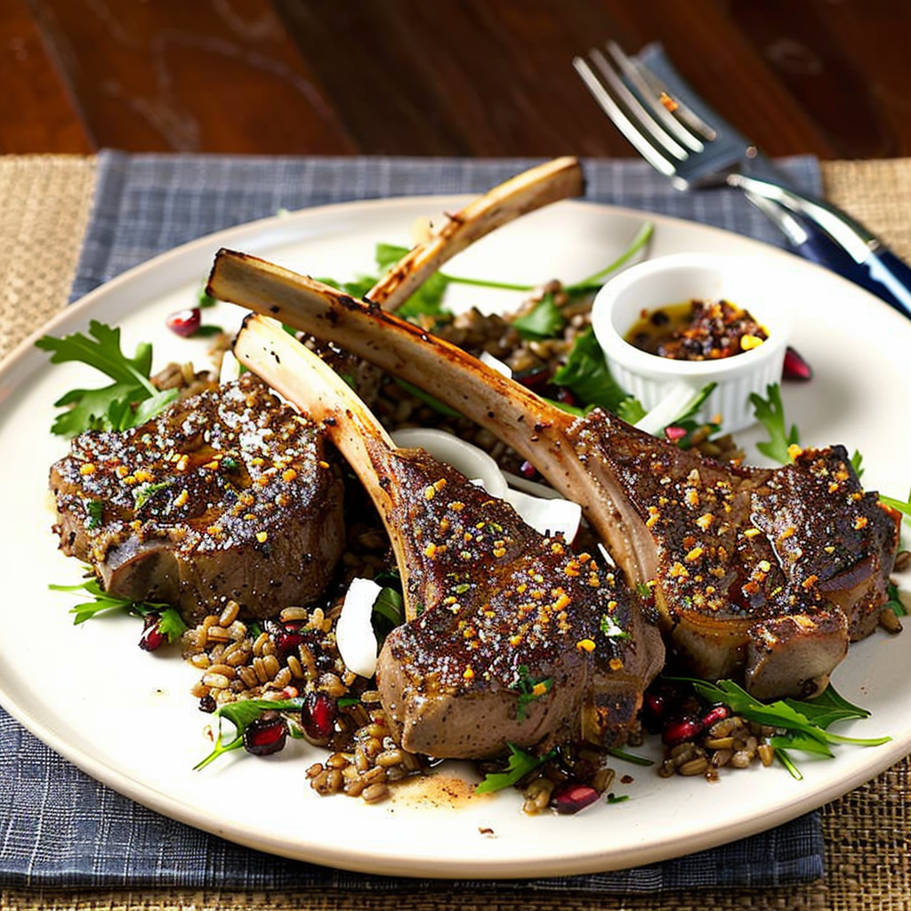 Recipe preparation for Za’atar Lamb Chops with Pomegranate & Farro