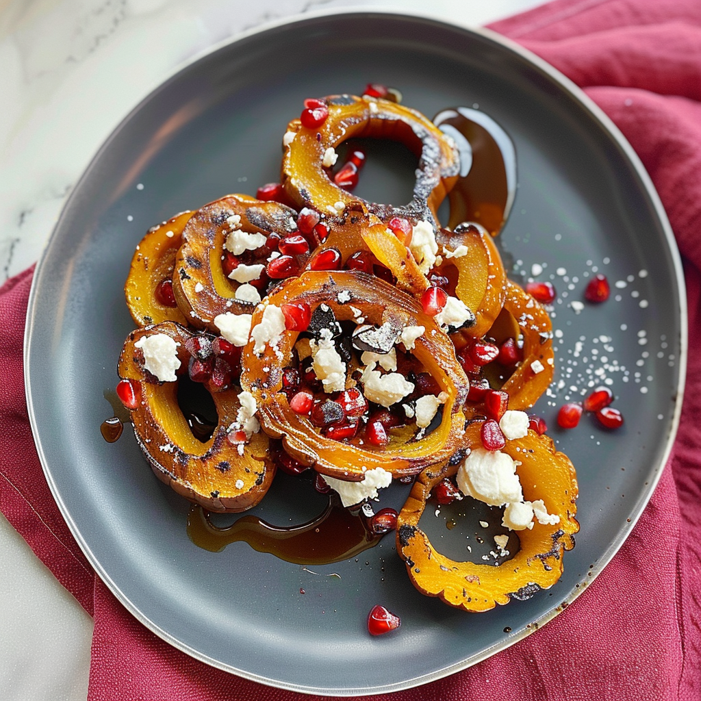 Recipe preparation for Roasted Acorn Squash with Feta & Pomegranate