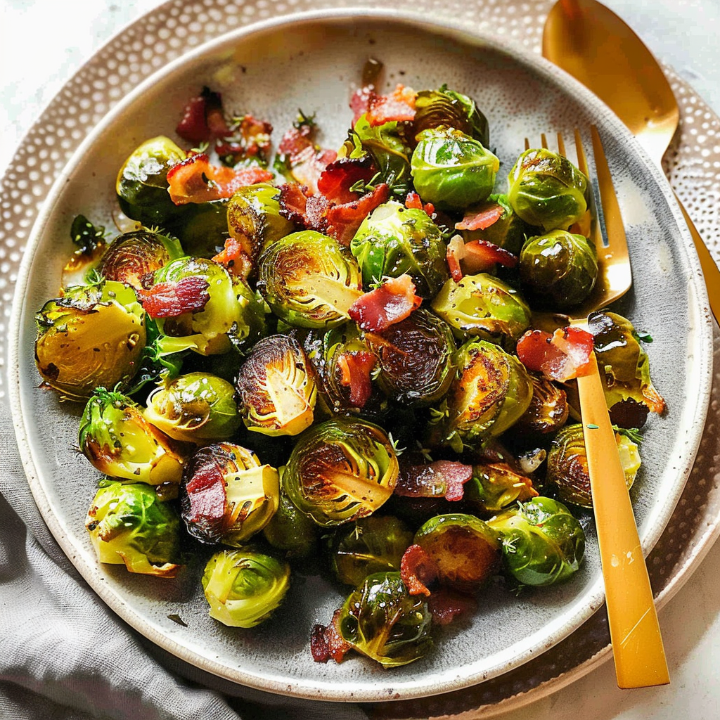 Recipe preparation for Herb-Roasted Brussels Sprouts with Bacon