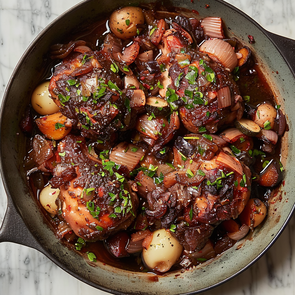 Recipe preparation for Red Wine & Rosemary Coq au Vin
