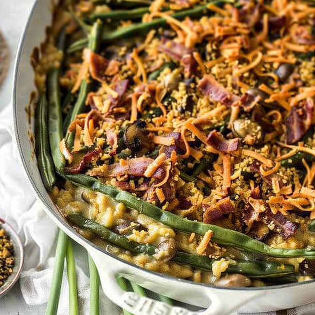 Recipe preparation for Green Bean Mushroom Casserole with Candied Bacon