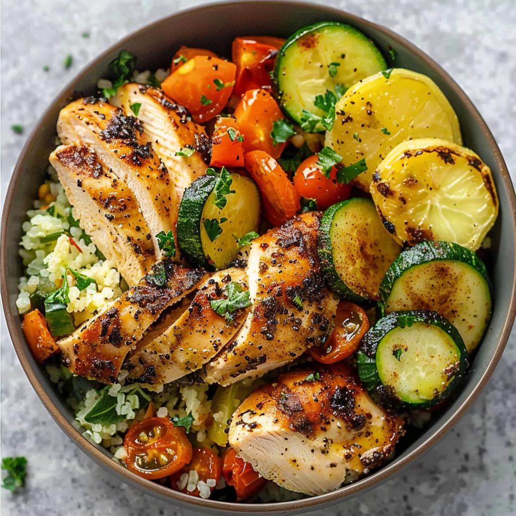 Recipe preparation for Lemon Pepper Chicken Bowls with Roasted Veggies