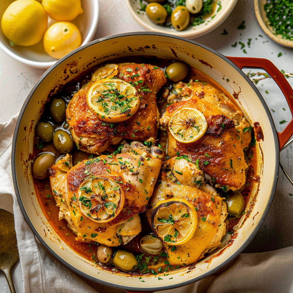 Recipe preparation for Whole Braised Chicken with Lemon & Olives