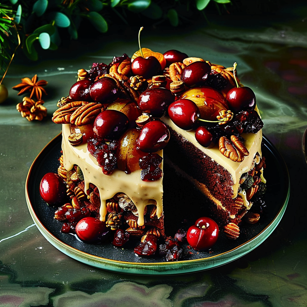 Recipe preparation for Chocolate Cherry Jeweled Christmas Cake