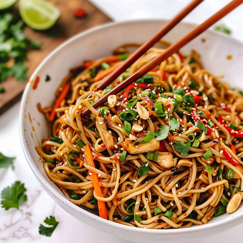 Recipe preparation for Spicy Peanut Chicken Noodles