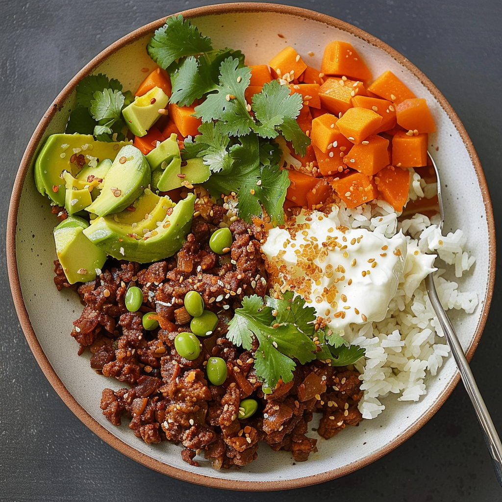 Recipe preparation for Spiced Beef & Sweet Potato Rice Bowls