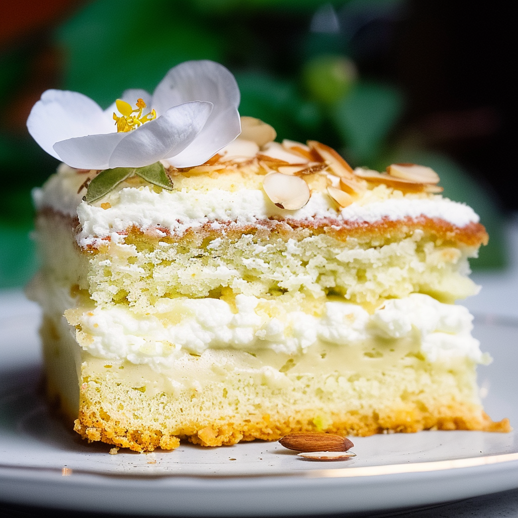 Recipe preparation for Snowy Vanilla Almond Cake Squares