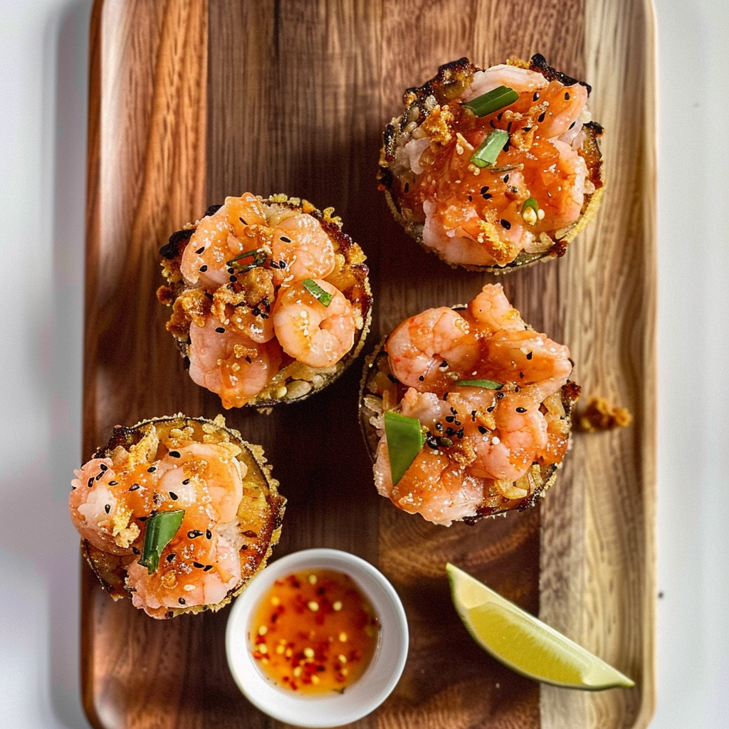 Recipe preparation for Chili Crunch Shrimp Rice Cups