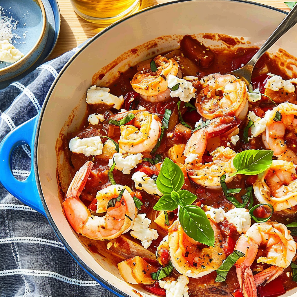 Recipe preparation for One-Pan Mediterranean Shrimp & Feta Bake