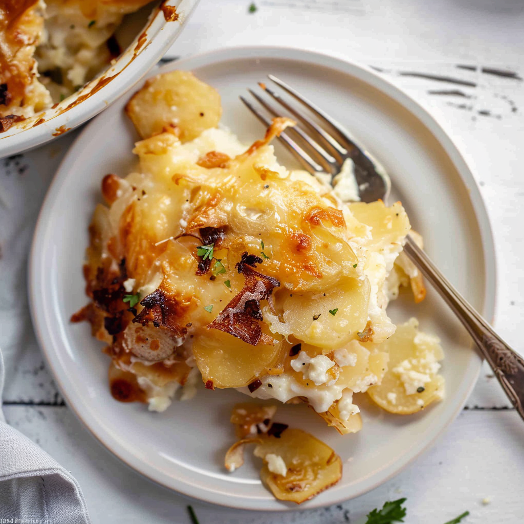 Recipe preparation for Caramelized Onion & Gruyère Scalloped Potatoes