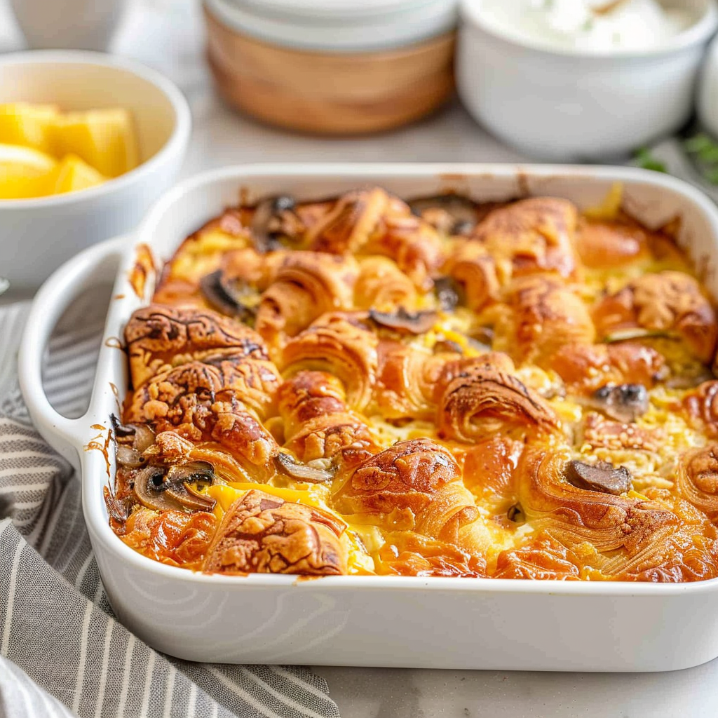 Recipe preparation for Croissant Breakfast Casserole with Mushroom and Gruyère