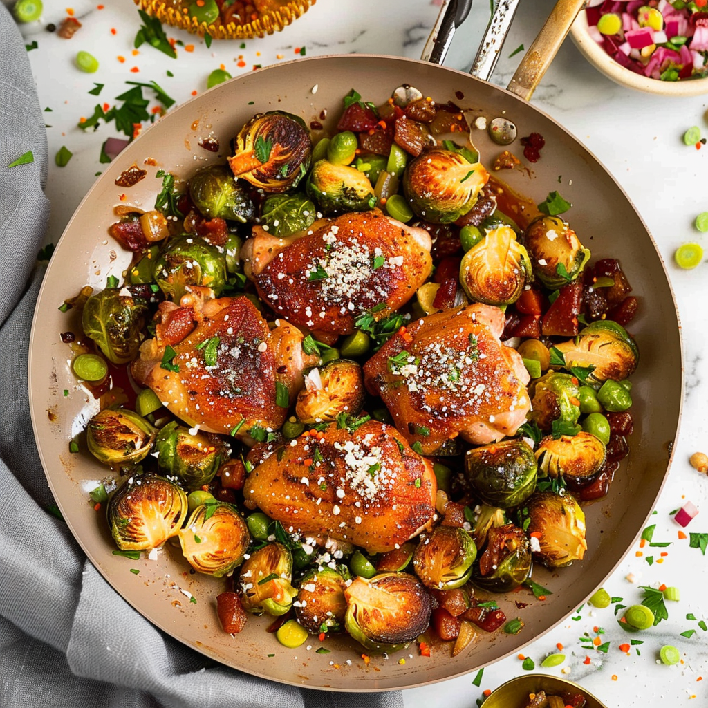 Recipe preparation for Cranberry-orange chicken thighs with roasted Brussels sprouts