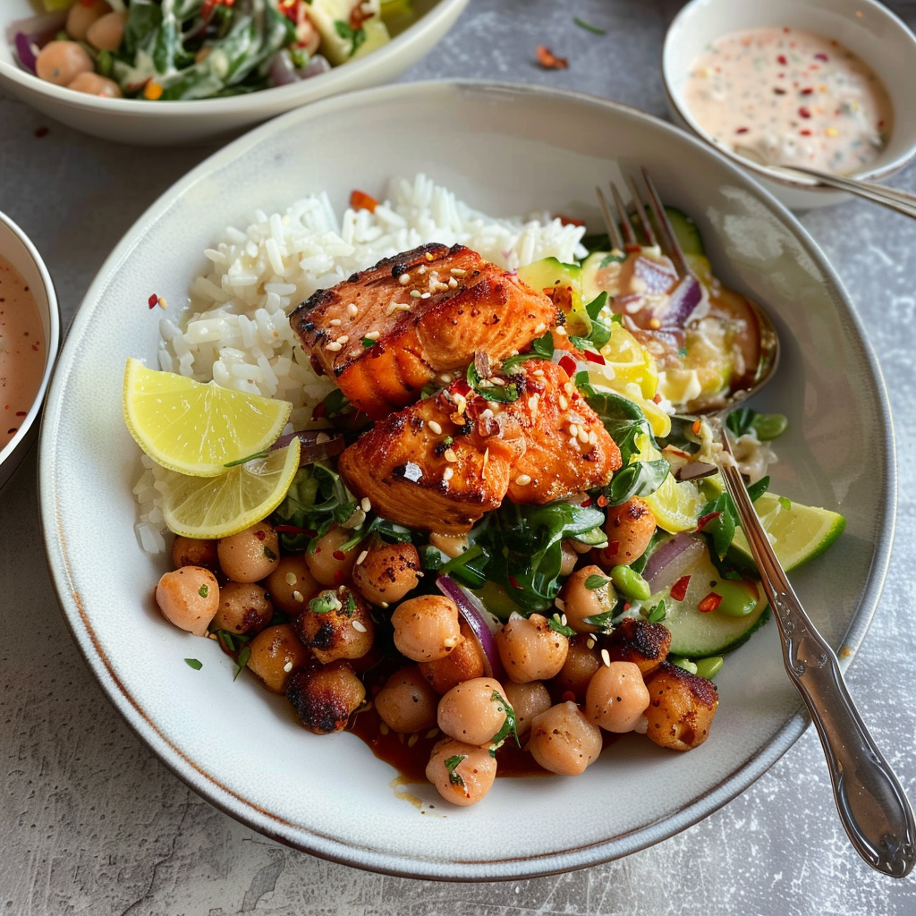 Recipe preparation for Harissa-Glazed Salmon with Chickpeas & Spinach