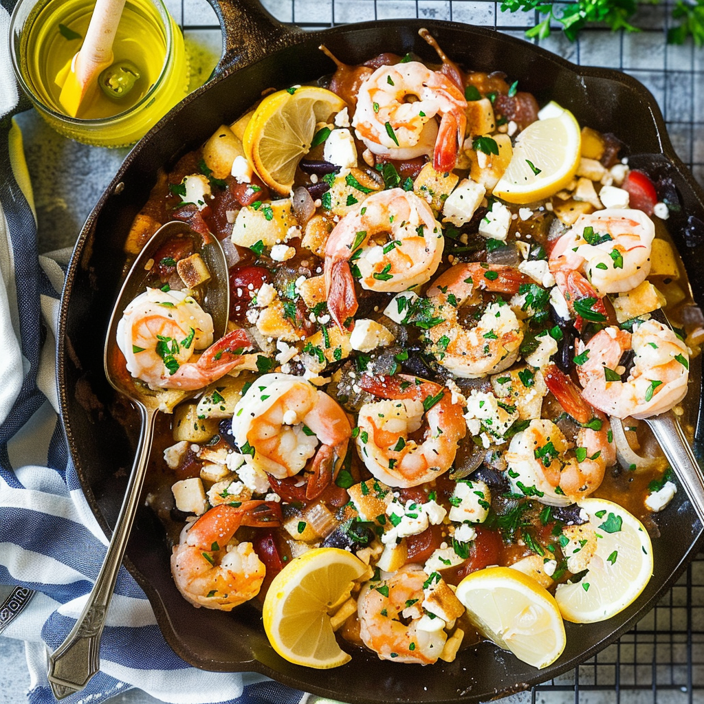 Recipe preparation for One-Pan Mediterranean Shrimp & Feta Bake